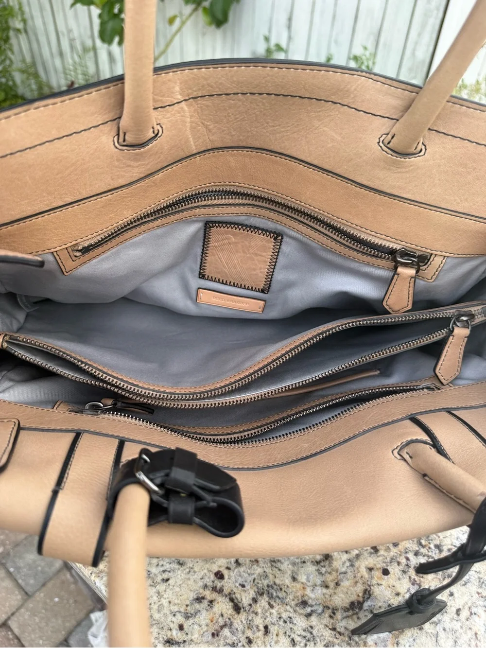 Men's Leather Tote Bag in Beige with Black Trim